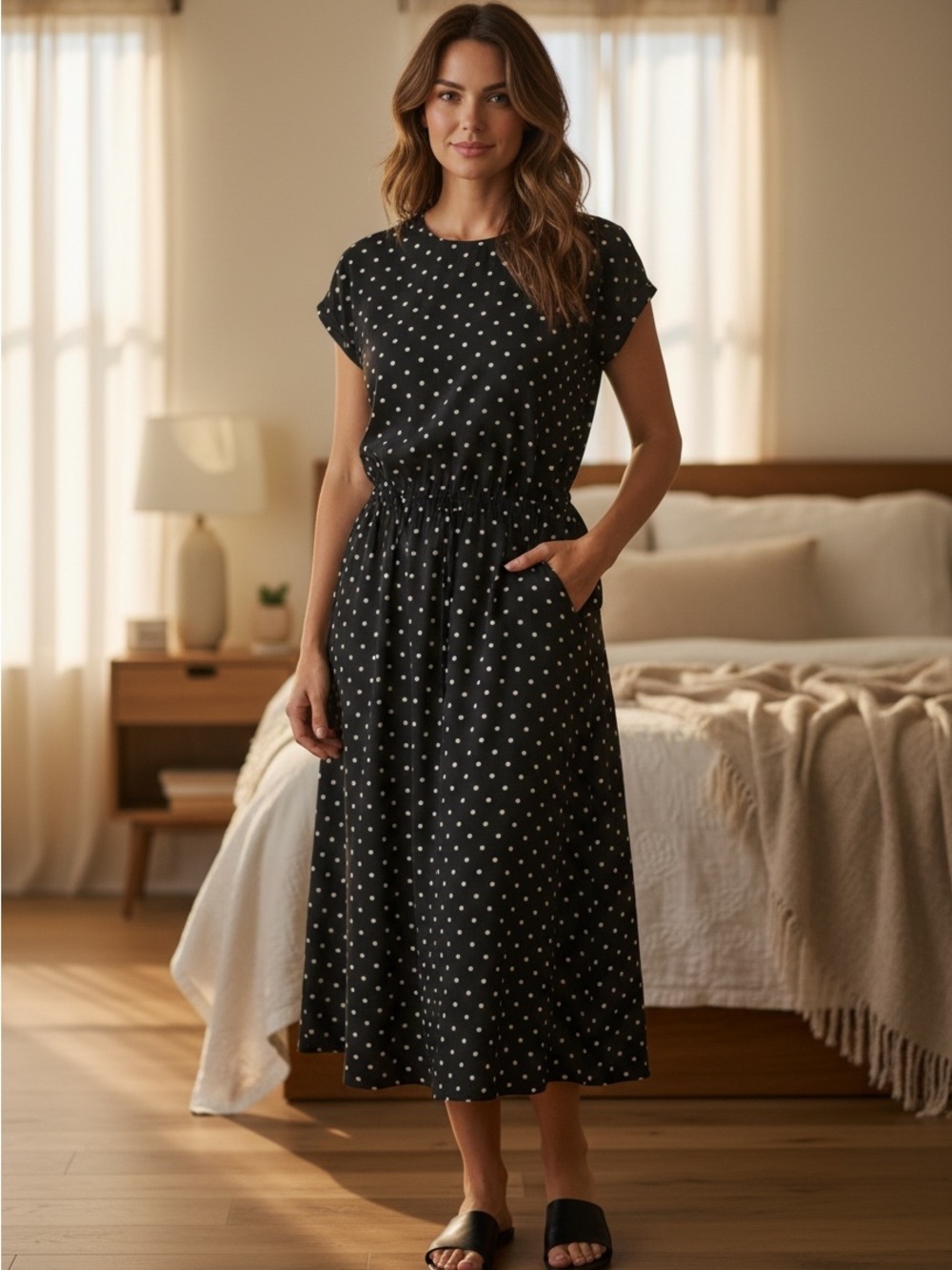 Black Polka Dot Midi Dress with Elastic Waist